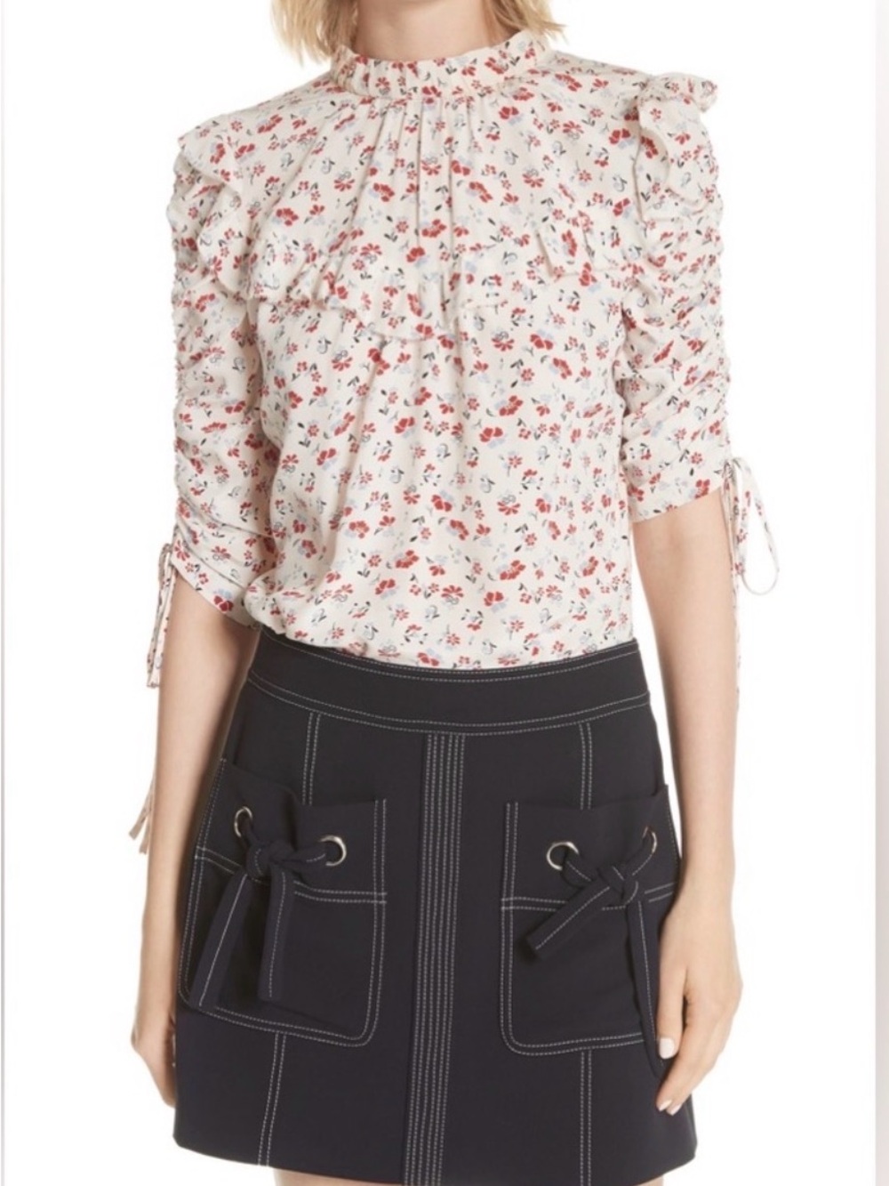 Veronica Beard Cream Floral Silk Ruffle Blouse